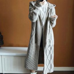 Women Sweater Midi Cardigans Autumn Winter Knitted Jackets Korean Loose Oversized Long Sleeve Casual Hooded Coats Basic 240105