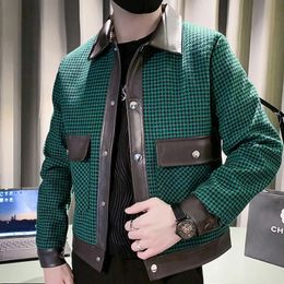 Leather Color Contrast Stitching Jacket Coat Houndstooth Pattern Lapel Casual Mens Jaqueta Motoqueiro Spring Vintage 240105