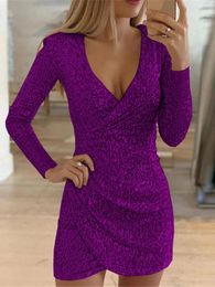 Dresses Sequined Vneck Sexy Dress 2022 Women's Elegant Long Sleeve Bodycon Dress Purple Autumn Winter Ladies Mini Christmas Party Dress