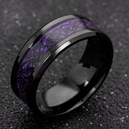 Wedding Rings Mens Stainless Steel Dragon Ring Set with Purple Carbon Fiber Wedding Ring 8MM 240104