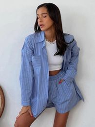 Women's Sleepwear Linad Stripe Pajamas For Women 2 Piece Sets Loose Long Sleeve Nightwear Female Casual Home Suits With Shorts Spring