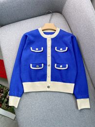 2024 Spring Blue Contrast Colour Panelled Knitted Cardigan Sweater Long Sleeve Round Neck Buttons Single-Breasted Sweaters Coats Y3D283994