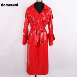 Nerazzurri Autumn Long Red Waterproof Shiny Reflective Patent Leather Trench Coat for Women Double Breasted Plus Size Fashion 240104