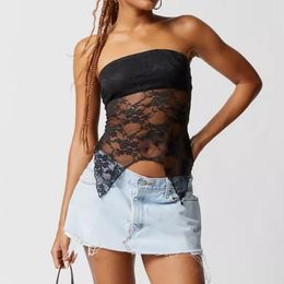 Women's Tanks Y2K 2000s Vintage Lace Croset Sexy Off Shoulder Mesh Sheer Irregular Tank Top Fairycore Grunge Women Chic Vest Summer