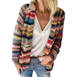 Autumn Vintage Sweater Cardigan Women Long Sleeve Knitted Rainbow Stripes Knitted Coat Ladies Office 240104