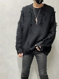 Men's Tracksuits Fall Winter Fashion Round Neck Stitching Ripped Sweater Loose Cool Trendy Men And Women Knitwear Top Casual Coat
