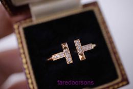 Top original Tifannissm Women's Ring online shop 18K Double T Diamond with Rivet embellishments Rose Gold Net Red Jewellery True Have Original Box