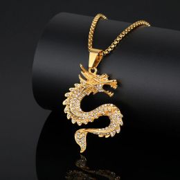 Hip Hop Iced Out Bling Chinese Dragon Pendant Statement Male Golden Color 14k Yellow Gold Animal Necklace For Men Jewelry Gift