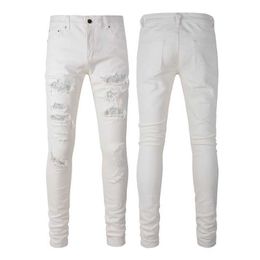 purple jeans designer mens pants Jeans with white diamond patched holes and high street elastic slim fit