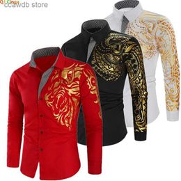 Men's Casual Shirts 2024 Men's Brand Shirt Men's Luxury Gold High Quality Long Sleeve Shirt Business White Black Men Dress Prom Social Print Shirts T240105