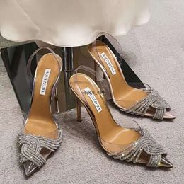 New Rhinestones Crystal-embellished PVC Sandals Stiletto Heels women's Luxury Designers Leather sole Evening buckle shoes factory footwear