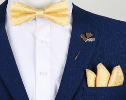 Luxury Gold Silk Bow Ties for Men Fashion Mens Yellow Bowtie Handkerchief Brooch Set butterfly noeud papillon homme Wedding5603152