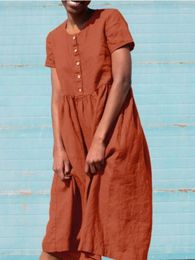 Party Dresses Vintage Solid Cotton Linen Dress Casual Orange Buttons O Neck Short Sleeve Loose Elegant Summer Chic Women Clothing
