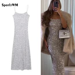 Sequin Chic Strap Woman Long Dress Fashion Sleeveless Backless Stretchy Dresses Autumn Winter Evening Club Chrismas Party Robes 240104