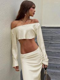 Work Dresses WeiYao Satin Elegant Midi Dress Two Piece Set Off Shoulder Long Sleeve Crop Top Bodycon Skirt Women Sexy Party Club Outfits