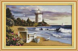 The lighthouse landscape decor painting Handmade Cross Stitch Embroidery Needlework sets counted print on canvas DMC 14CT 11CT4359346