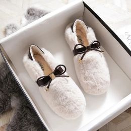 Winter Warm Women's Plush Flat Shoes For outdoor and office wear bow decoration mary jane Ladies casual boat shoes 41-43 240104