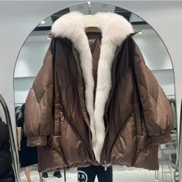 fashion Real Natural Fox Fur Winter Women White Goose Down Jacket Loose Warm Puffer Coat Female Thick MidLong Parkas 240105