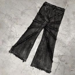 Old Style Raw Edge Jeans Men's High-end Trendy Trousers Street Y2k Men's Jeans Linear Raw Edge Wide-leg Pants Retro Streetwear 240104