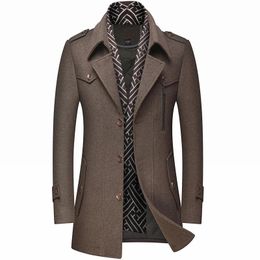 Jackets Winter Men's Woollen Coats Fashion Thicken Mid Length Trench Solid Turn Down Collar Warm Outerwear Business Casual Wool Coat Men