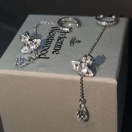 Viviennely Westwoodly Silver Water Drops Long Sparkling Diamond Crystal Ear Studs Ear Clip Two Wear Style Fashion Earrings for Women