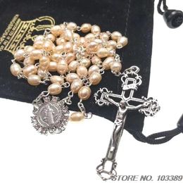 Necklaces oval freshwater pearls rosary catholic rosary necklace with rhinestone benedict centerpiece and jesus