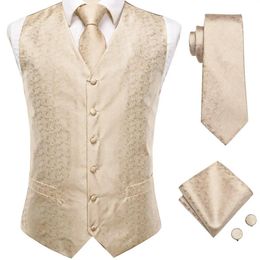 Vests HiTie Champagne Paisley Novelty Silk Men Slim Waistcoat Necktie Set For Suit Dress Wedding 4PCS Vest Necktie Hanky Cufflink Set