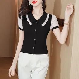Women's Blouses 2024 Summer Fashion Trend Doll Neck Panel Button Western Versatile Commuter Fleece Covering Short Sleeve Shirt