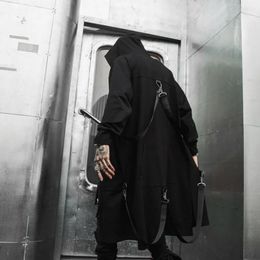 Jackets Spring Autumn Men Ribbons Patchwork Punk Hip Hop Long Trench Coat Hooded Cloak Men Black Zipper Techwear Long Jacket Overcoat