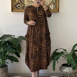 Casual Dresses Plus Size Dress Women Retro Full Leopard Print Maxi With Long Sleeves Pockets For Oversized O Neck Ankle