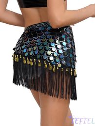 Stage Wear Women Belly Dance Lace-Up Hip Skirt Fishscale Sequin Beads Fringe Hem Scarf Wrap Festival Performance Costumes