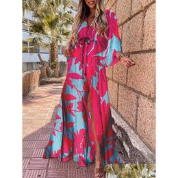 Basic Casual Dresses Boho Print Maxi Dress For Women Bikini Er Ups Summer Bohemian Beach Sundress Sexy Floral Tunic Long Vestido F Dhbn2