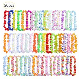 50pcs Hawaiian Wreath Hawaiian Leis Garland Artificial Necklace Hawaii Flowers Leis Spring Party Supplies Beach Fun Wreath 240105