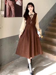 Dresses Houzhou Elegant Vintage Long Dress Women Preppy Style Patchwork Long Sleeve Dresses Kawaii Peter Pan Collar Autumn Robe