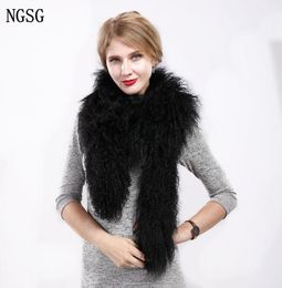 160cm real mongolian fur scarf women winter fashion solid black gray genuine wool woolen fur collar female J121544196874836059