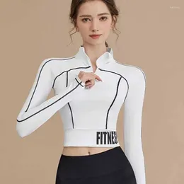 Active Shirts Slim Fit Yoga Top Half Zipper Running Long Sleeve Soft Elastic Letter Print Gym Shirt Sport Jacket Thumb Hole Workout