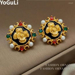 Stud Earrings Retro Jewellery 925 Silver Needle Vintage Temperament High Quality Brass Simulated Pearl Red Green Glass Flower For Women