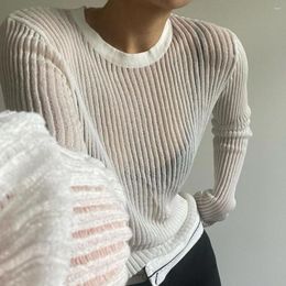 Women's Blouses T-shirt Transparent Mesh Long Sleeve Ribbed Sexy Top Slim Solid Elegant Striped Summer White Basic For Women