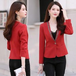 Women's Suits S-3XL Women Blazer Jacket Short V Neck Sequins Slim Spring Autumn Casual Office Work Plus Size Red Yellow Green