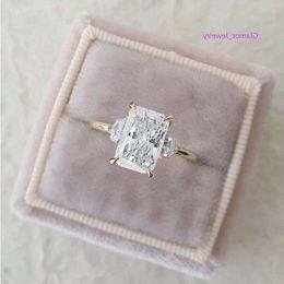 300CT Emerald Cut Moissanite Ring Emerald And Cadellic Cut 3 Stone Engagement Ring 18K Yellow Gold Gncop