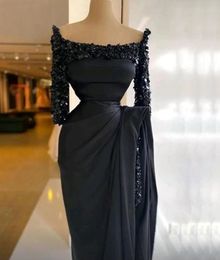 Evening Dresses Black Party Prom Gown Custom Zipper Lace Up Plus Size Mermaid Trumpet Elastic Satin New Long Sleeve Beaded Sequins Crystal Illusion O-Neck