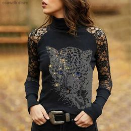 Men's T-Shirts Spring Leopard Hot Drill Print Ladies T-Shirt Fashion Solid Lace Sexy Women TShirt Y2k Gothic Tee Long Sleeve Club Clothing Tops T240105