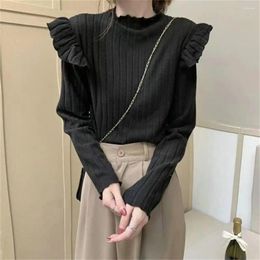 Women's Blouses Solid Color Loose Top Elegant Half-high Collar Knitted Pullover Sweater For Women Winter Ruffle Shirring Slim Fit