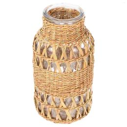 Vases Woven Rattan Vase Decorative Flower Glass Bottle Ornament Office Craft