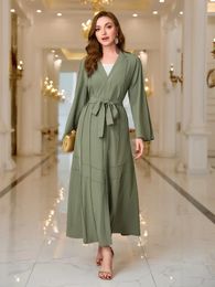 Ethnic Clothing Ramadan Solid V-neck Belted Kaftan Abayas Elegant Flare Sleeve Maxi Length Dress Women's