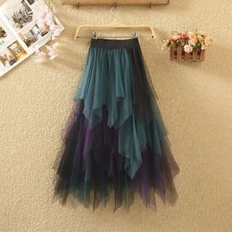 skirt Women Tulle Skirt Irregular Mesh Gauze Petticoat Female Patchwork Sweet Girl Aline Long Skirt Multicolor Cute Voile Dance Dress