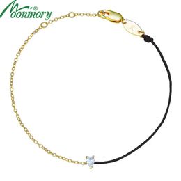 Bangle Moonmory Real Sterling Sier Cz Crystal Black Rope Bracelet for Women Half Rope Half Sier Chain Water Drop Pop Jewellery