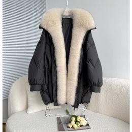 Selling Detachable Fox Fur Collar Loose Width Fur Goose Down Jacket For Womens Mid Length Winter Coat 240105