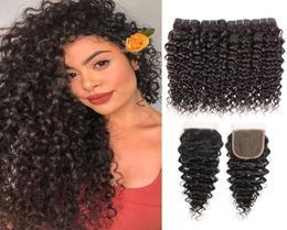 Brazilian Water Curly Hair Bundles With Closure Natural Colour 4 Bundles with 4x4 Lace Closure 1028 Inch 100 Remy Human Hair Exte9253328