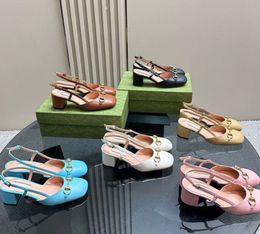 Kitten heels sandal Metal buckle Real leather Square-toe Chunky heel slingback pumps Luxury designer sandals womens Office shoes